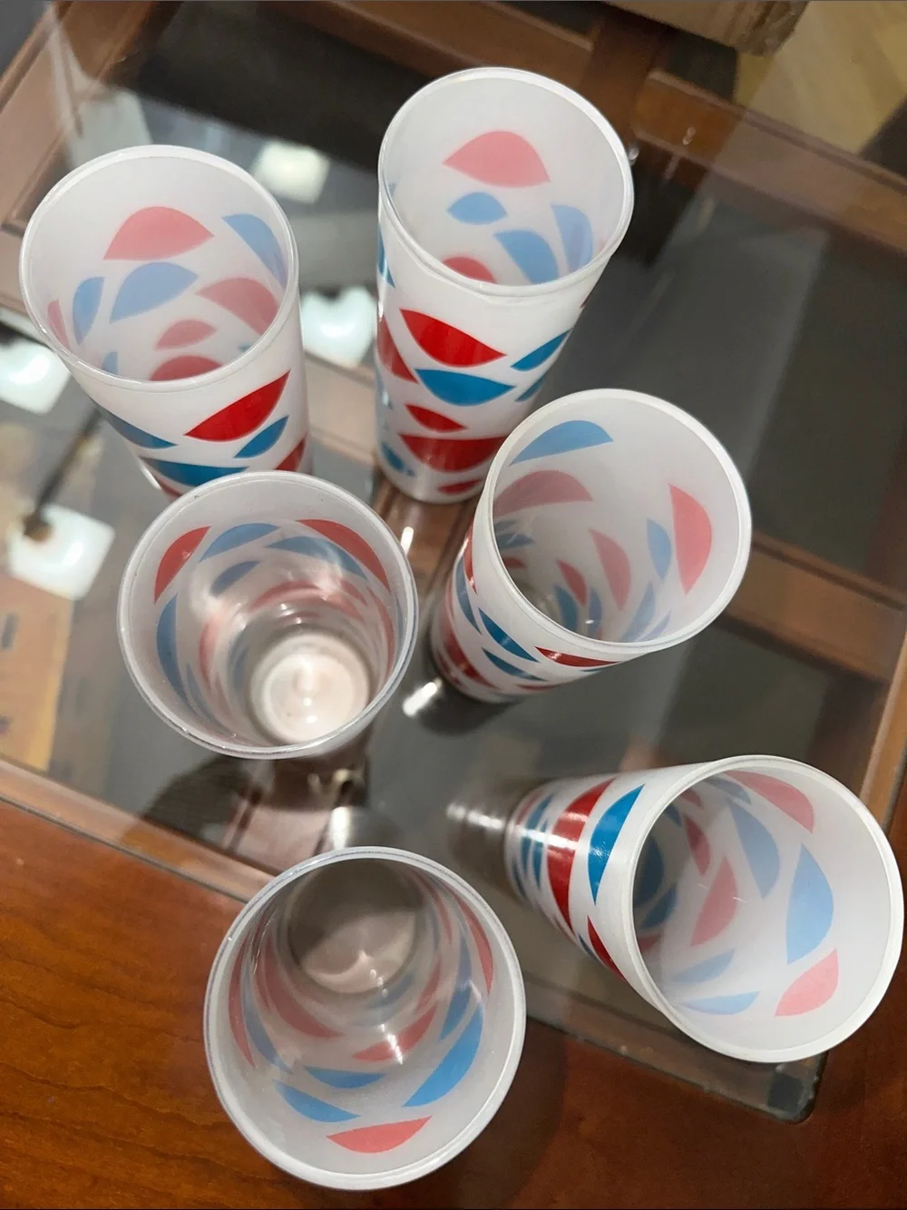 Retro Frosted Highball Glasses with Red & Blue Dot Pattern - Set of 6 - Picture 4 of 7